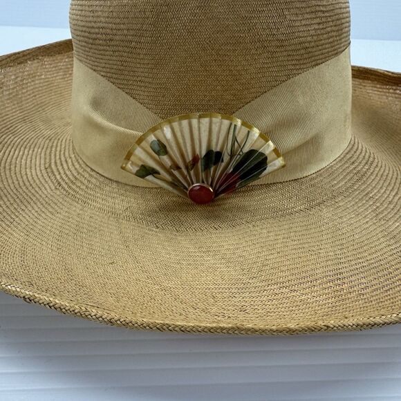 Vintage Frank Olive Straw Wide Brim Hat Floral Brooch Tan main image 12
